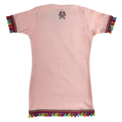 Vestido Infantil Ox Horns Manga Curta Rosa Com Franjinhas Coloridas Estampa De Cavalo Ref:5316