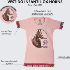 Vestido Infantil Ox Horns Manga Curta Rosa Com Franjinhas Coloridas Estampa De Cavalo Ref:5316