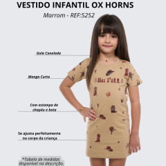 Vestido Infantil Ox Horns Nude Manga Curta Com Desenho de Bota e Chapéu Ref.5252