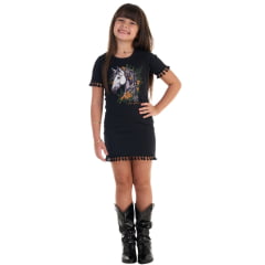 Vestido Infantil Ox Horns Preto Com Franjinha Estampa De Cavalo Ref:5288