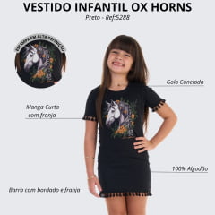 Vestido Infantil Ox Horns Preto Com Franjinha Estampa De Cavalo Ref:5288