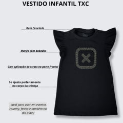 Vestido Infantil TXC Preto Regular Custom Manga Curta De Babado Com Logo De Strass Dourado Ref.40068VI