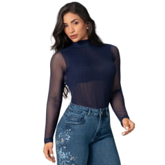 Camiseta Feminina Buphallos Manga Longa De Tule Azul Marinho Ref: BPL1881