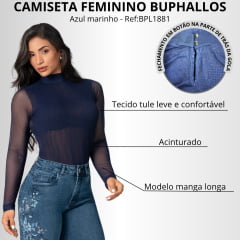 Camiseta Feminina Buphallos Manga Longa De Tule Azul Marinho Ref: BPL1881