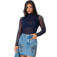 Camiseta Feminina Buphallos Manga Longa De Tule Azul Marinho Ref: BPL1881