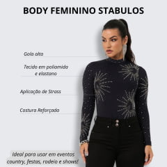 Body Feminino Buphallos Preto Manga Longa Com Bordado Em Strass Explosão Horses Ref.BOL908