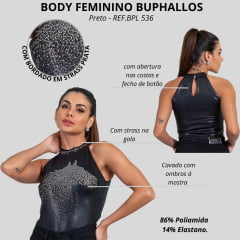 Body Feminino Buphallos Preto Sem Manga Com Bordados De Cavalo Em Strass Degradê Ref: BPL 536