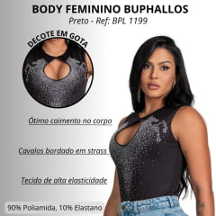 Body Feminino Buphallos Preto Sem Manga Com Bordados De Cavalo Em Strass Ref: BPL 1199