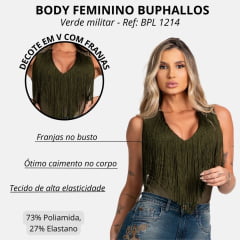 Body Feminino Buphallos Verde Militar Sem Manga Com Franjas Na Frente Ref: BPL1214