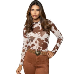 Body Feminino Country City Bruna Tule Marrom E Branco Ref. BBC 20622