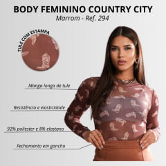 Body Feminino Country City De Tule Bruna Marrom M. Longa C/ Desenho Bota - REF: 294