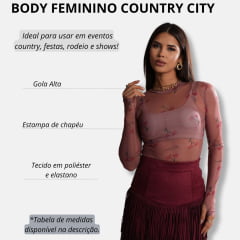 Body Feminino Country City Marrom de Tule Com Desenhos De Chapéus Ref.294 Bruna