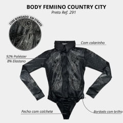 Body Feminino Country City Preto Manga Longa C/ Colarinho E Punhos Bordado C/ Brilho Lucy Mãe Ref:291