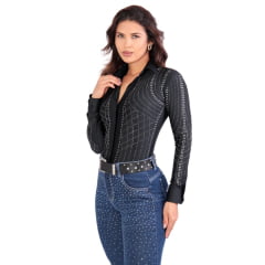 Body Feminino Country City Preto Manga Longa Com Losangos de Brilho Ref.308 Luana