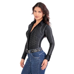 Body Feminino Country City Preto Manga Longa Com Losangos de Brilho Ref.308 Luana