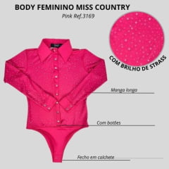 Body Feminino Miss Country Pink Manga Longa Colarinho E Punhos Bordados Com Brilhos Ref:3169