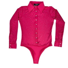 Body Feminino Miss Country Pink Manga Longa Colarinho E Punhos Bordados Com Brilhos Ref:3169