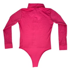 Body Feminino Miss Country Pink Manga Longa Colarinho E Punhos Bordados Com Brilhos Ref:3169