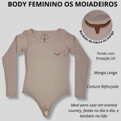 Body Feminino Moiadeiros Bege Manga Longa Decote Redondo Com Logo Em Couro Ref.BF125