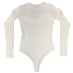 Body Feminino Moiadeiros Off White Manga Longa Decote V Canelado Com Logo no Punho Ref.BF127