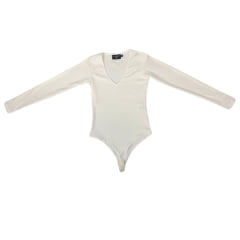 Body Feminino Moiadeiros Off White Manga Longa Decote V Canelado Com Logo no Punho Ref.BF127