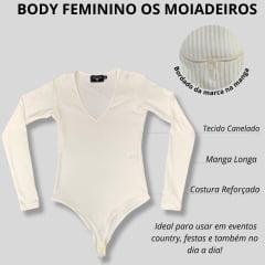 Body Feminino Moiadeiros Off White Manga Longa Decote V Canelado Com Logo no Punho Ref.BF127