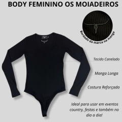 Body Feminino Moiadeiros Preto Manga Longa Decote V Canelado Com Logo no Punho Ref.BF128