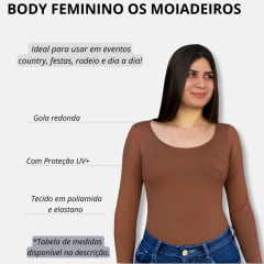 Body Feminino Os Moiadeiros Cacau Manga Longa Decote Redondo e Logo em Couro Ref.BF140