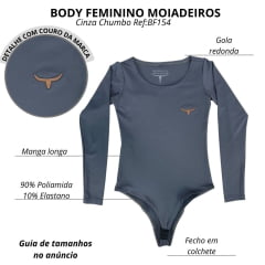 Body Feminino Os Moiadeiros Manga Longa Cinza Chumbo Com Logo Em Couro Ref:BF1154