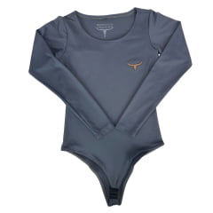 Body Feminino Os Moiadeiros Manga Longa Cinza Chumbo Com Logo Em Couro Ref:BF1154
