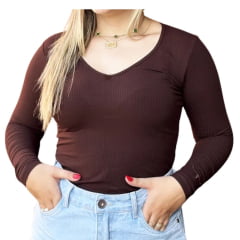Body Feminino Os Moiadeiros Marrom Manga Longa Decote Gola V Marrom Com Bordado No Punho Ref:BF126