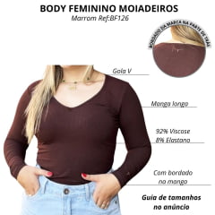 Body Feminino Os Moiadeiros Marrom Manga Longa Decote Gola V Marrom Com Bordado No Punho Ref:BF126