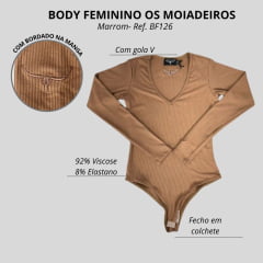 Body Feminino Os Moiadeiros Marrom Manga Longa Decote V Canelado Com Logo No Punho Ref:BF126