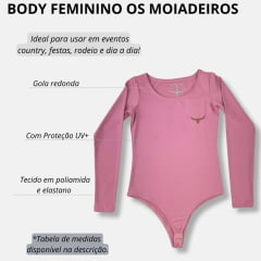 Body Feminino Os Moiadeiros Romã (Rosa) Manga Longa Decote Redondo e Logo em Couro Ref.BF138