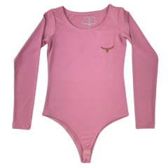 Body Feminino Os Moiadeiros Romã (Rosa) Manga Longa Decote Redondo e Logo em Couro Ref.BF138