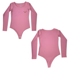 Body Feminino Os Moiadeiros Romã (Rosa) Manga Longa Decote Redondo e Logo em Couro Ref.BF138