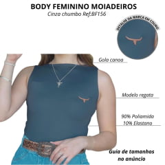 Body Feminino Os Moiadeiros Sem Manga Gola Canoa Chumbo Com Logo Em Couro Ref:BF156