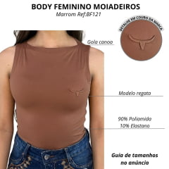 Body Feminino Os Moiadeiros Sem Manga Gola Canoa Marrom Cookie Com Logo Em Couro Ref:BF121
