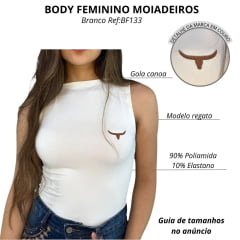 Body Feminino Os Moiadeiros Sem Manga Gola Canoa Off White Com Logo Em Couro Ref:BF133