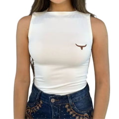 Body Feminino Os Moiadeiros Sem Manga Gola Canoa Off White Com Logo Em Couro Ref:BF133