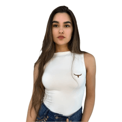 Body Feminino Os Moiadeiros Sem Manga Gola Canoa Off White Com Logo Em Couro Ref:BF133