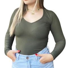 Body Feminino Os Moiadeiros Manga Longa Decote Gola V Verde Militar Com Bordado No Punho Ref:BF150