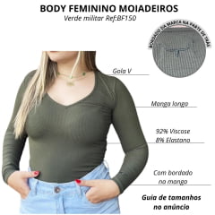 Body Feminino Os Moiadeiros Manga Longa Decote Gola V Verde Militar Com Bordado No Punho Ref:BF150