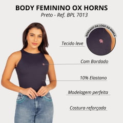 Body Feminino Ox Horns Sem Manga Modelo Canoa Preto Com Logo Bordada R. 7013