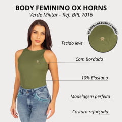 Body Feminino Ox Horns Sem Manga Modelo Canoa Verde Militar Com Logo Bordada R. 7016