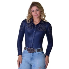 Body Feminino Radade Arabescos Azul Marinho Manga Longa