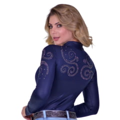 Body Feminino Radade Arabescos Azul Marinho Manga Longa