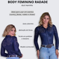 Body Feminino Radade Arabescos Azul Marinho Manga Longa