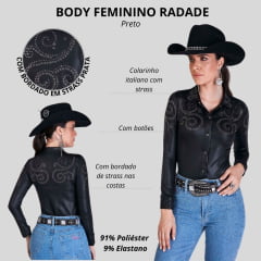 Body Feminino Radade Arabescos Preto Manga Longa Com Strass