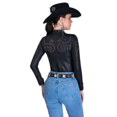 Body Feminino Radade Arabescos Preto Manga Longa Com Strass